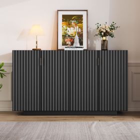 4 Wavy Doors Ample Storage Space Sideboard with Adjustable Shelves and Retro Copper Handles for Dining Room and Living Room (Material: MDF, Color: Black)